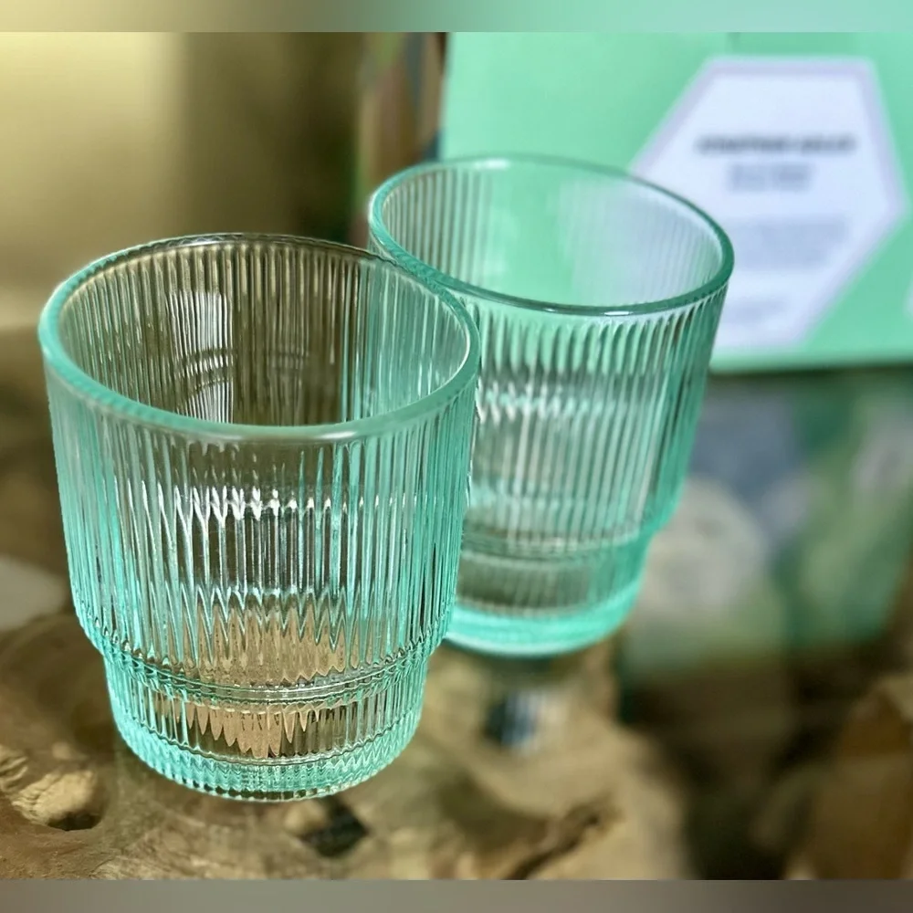 Jonathan Adler BIBA Ribbed Glassware Set of 2 NWT 13oz Aquamarine Glasses $98